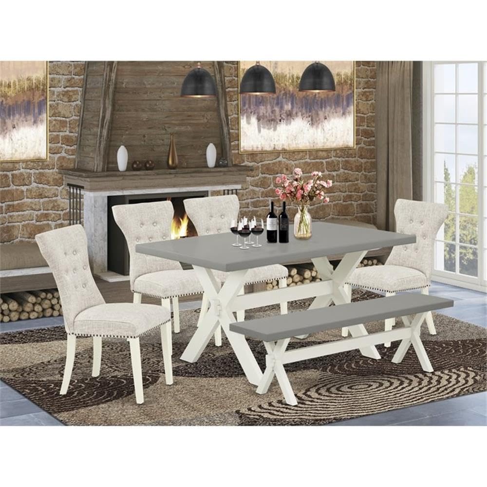 East West Furniture X096Ga235-6 6 Piece Dining Table Set Contains A Rectangle Wooden Table With X-Legs And 4 Doeskin Linen Fabric Upholstered Chairs With A Bench, 36X60 Inch, Multi-Color